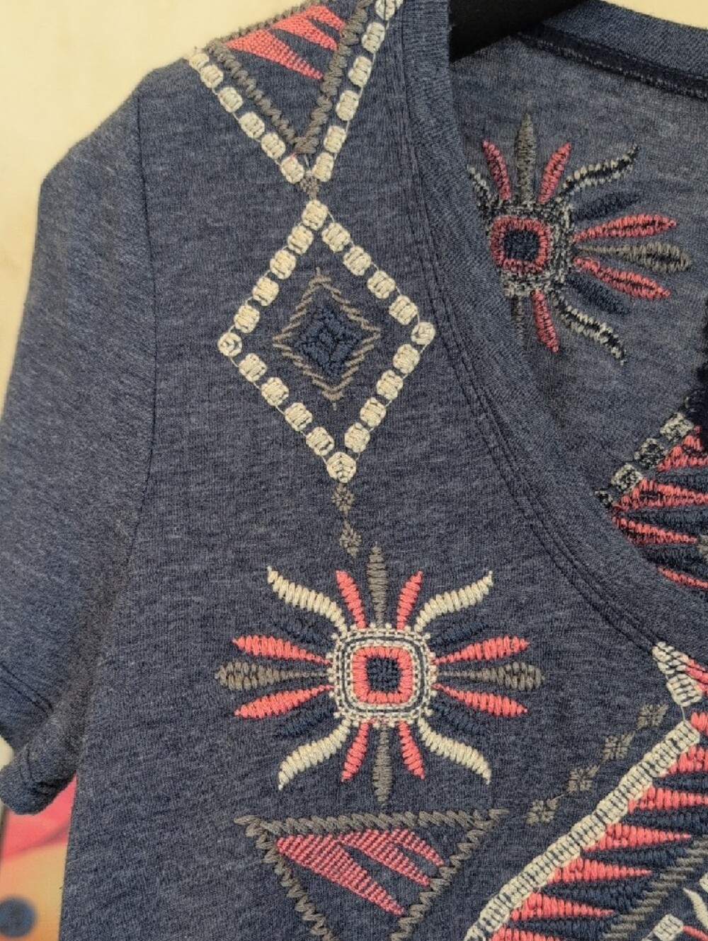 Johnny Was Blue Joy Love Light  Embroidered Tee with Pink & White Accents - Picture 4 of 9
